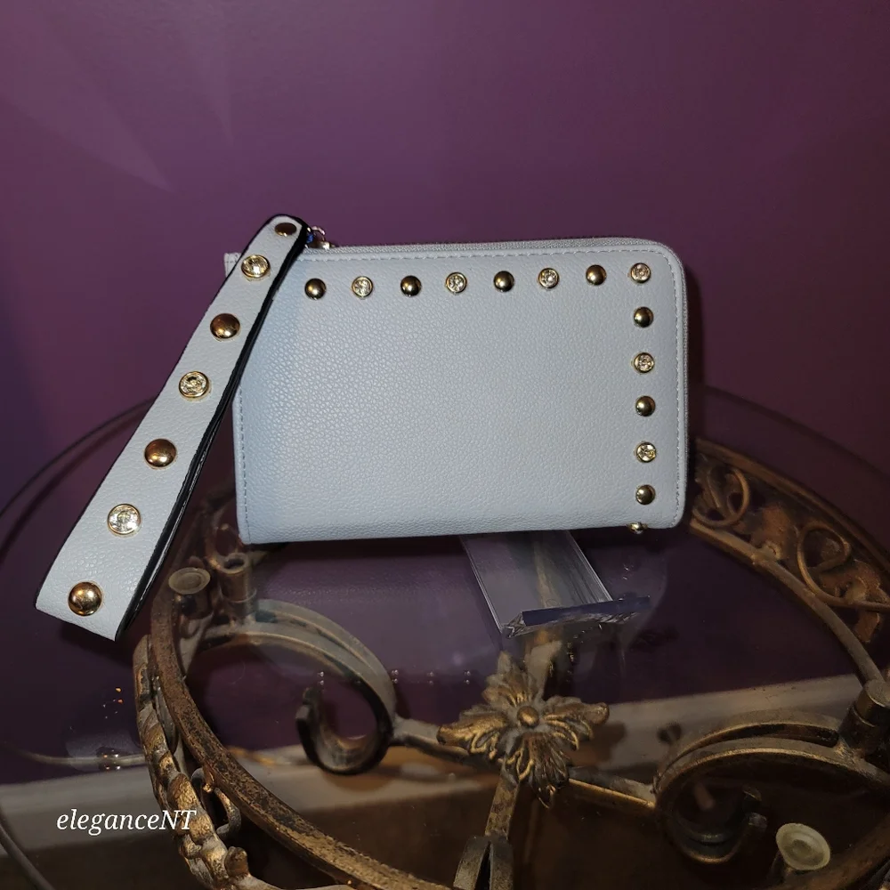 DS Bags Light Blue Studded wristlet wallet clutch with gem studded border NWT - Picture 11 of 11